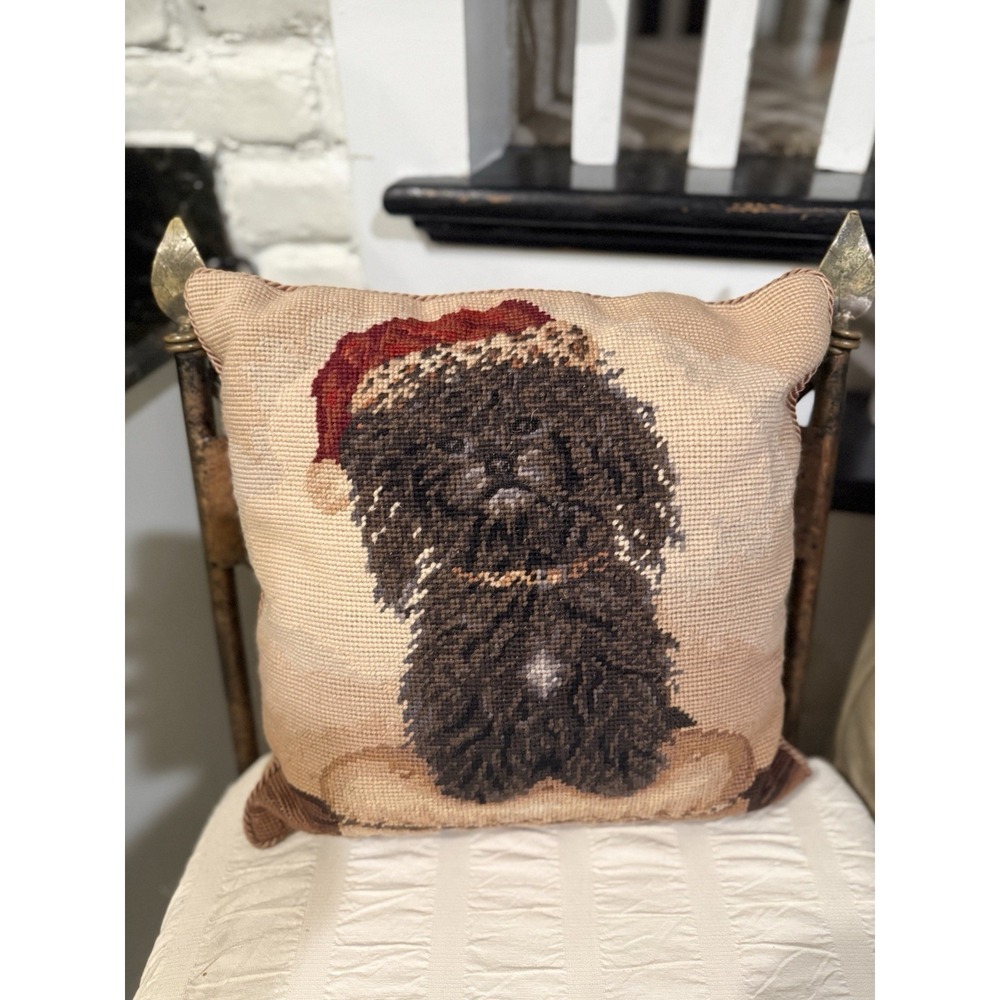Vintage Black Poodle Dog Needlepoint Pillow 14"x14" Christmas Santa Hat Wool